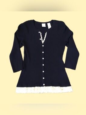 Navy Blue Ribbed Sweater with Buttons & Lace-Med